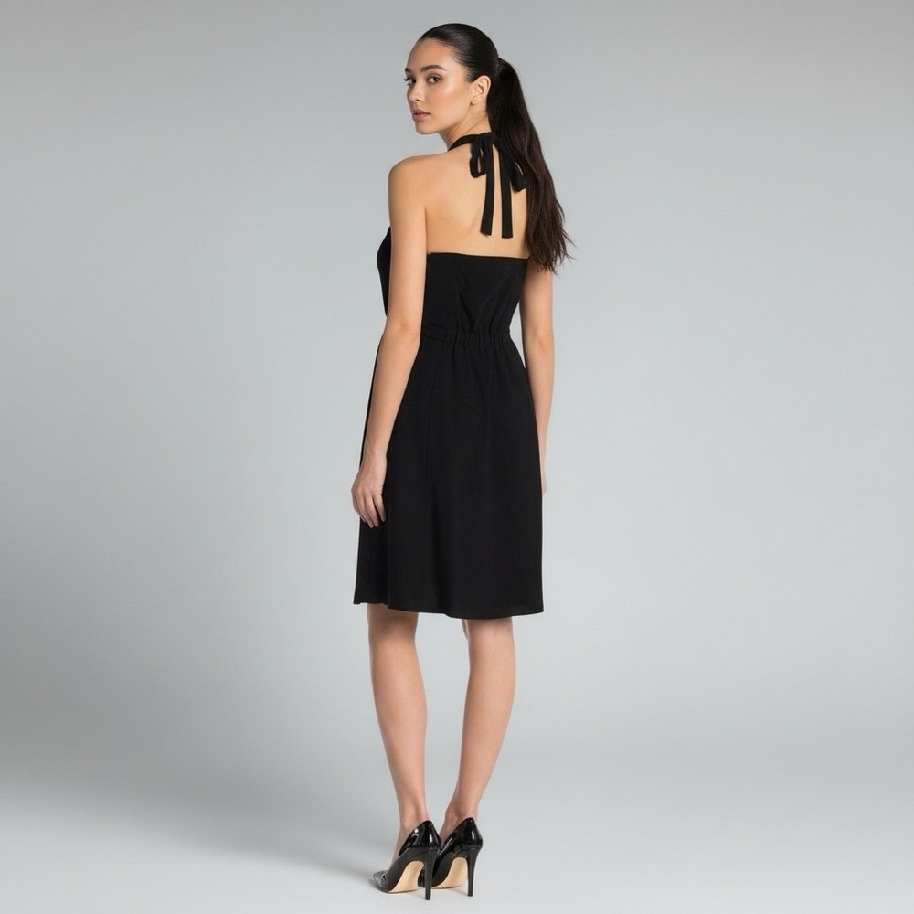 THEORY Nayline Black Elevate Crepe Halter‎ Dress Attached Tie Belt Size 10 - Picture 2 of 10